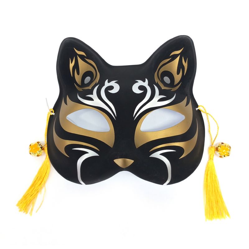 Gatto nero, mezza maschera giapponese, fiamma d'oro, Kogane no honō