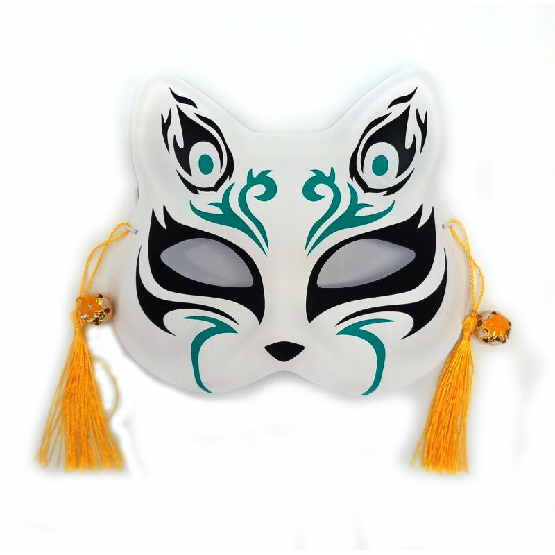 Japanese white cat half mask, Green flame
