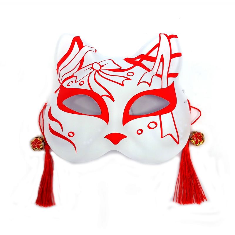 Japanische weiße Katzenhalbmaske, rote Schleife