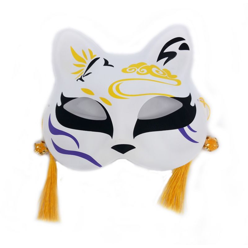 Japanese white cat half mask, yellow cloud pattern, Kiiroi kumo