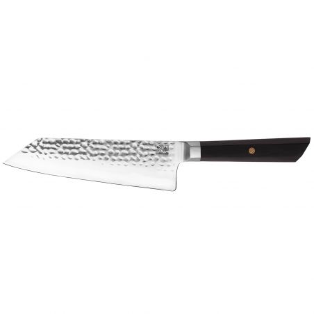 Coltello da cucina giapponese Santoku Bunka martellato - con scatola Saya e bambù - lama 17 cm