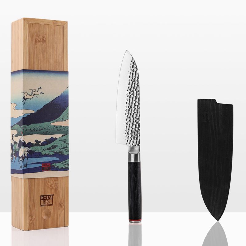 Santoku KOTAI cuchillo de cocina japonés martillado con saya y caja de bambú - hoja 18 cm