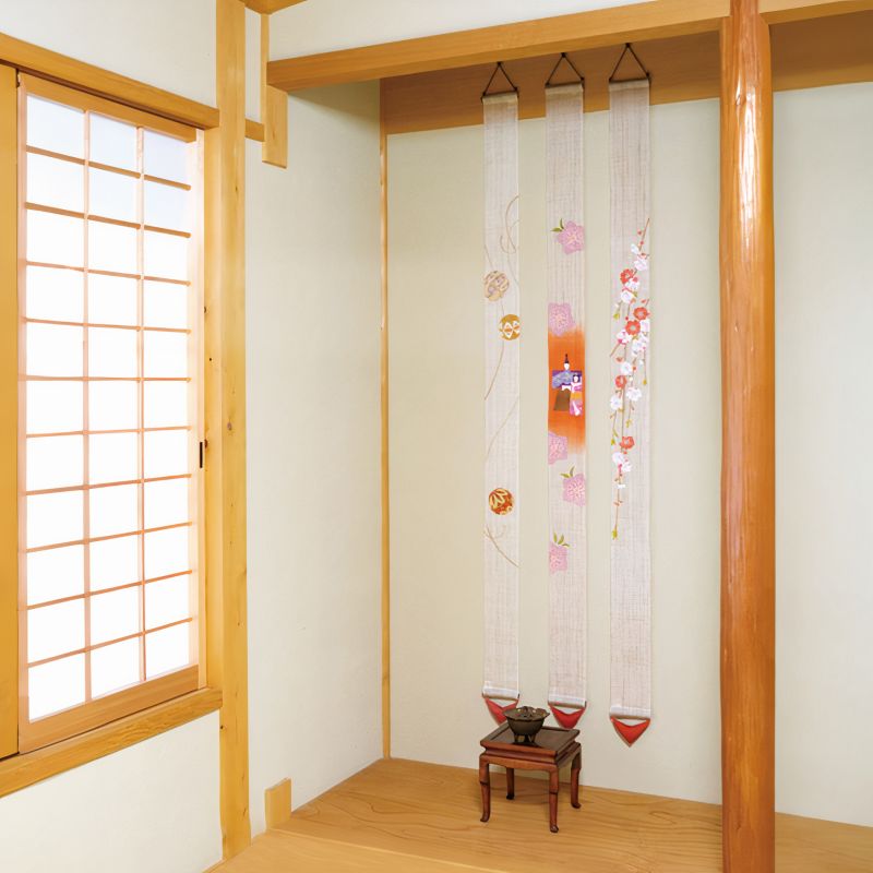 Fine Japanese tapestry in beige and orange hemp hand painted with peach flowers pattern, GENPEI HANAMOMO, 10x170cm