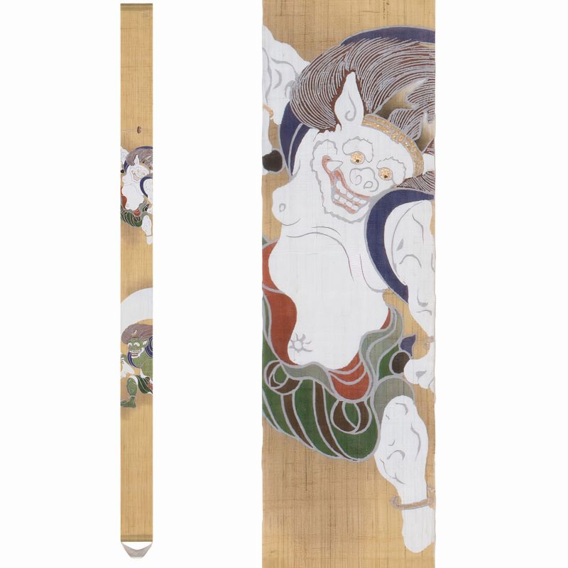 Fine Japanese tapestry in hemp, hand painted, FUJIN RAIJIN