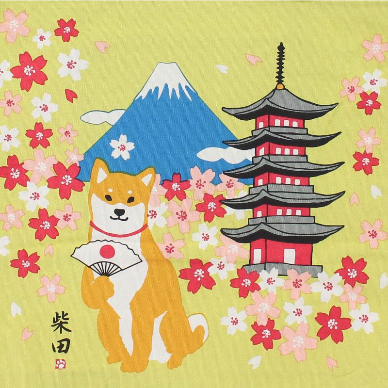 100% cotton tote bag Shiba Dog Mount Fuji and Pagoda - FUJISAN TO PAGODO