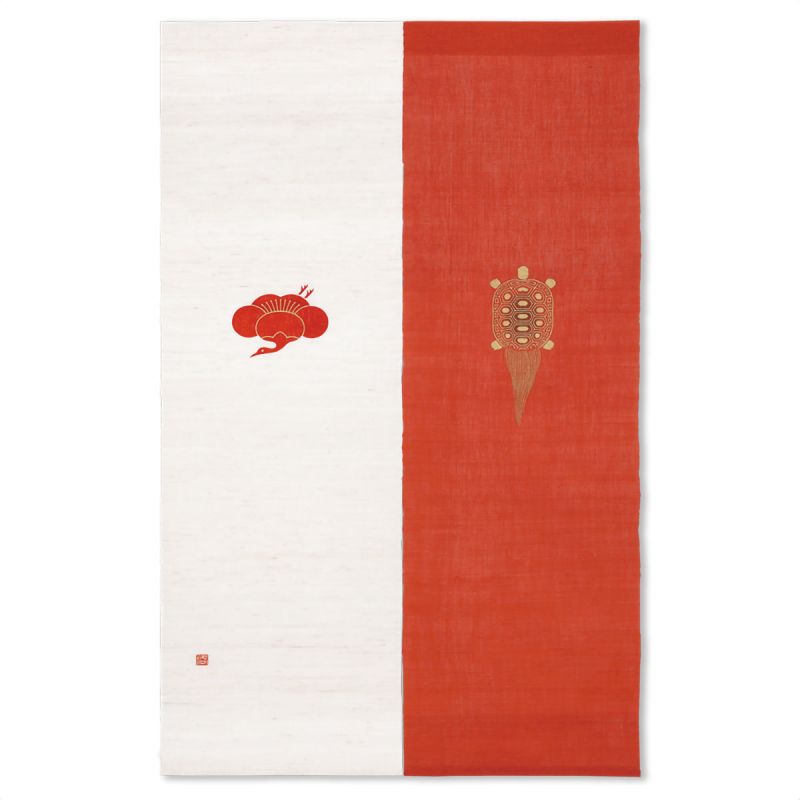Noren en Chanvre rouge et blanc peint à la main motif grue et tortue, UMEKAKUMON, 88 x 150 cm