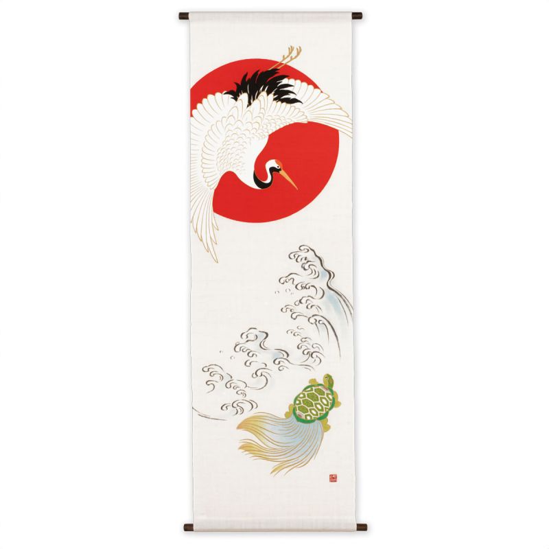 Handbemalter Hanf-Wandteppich, verheißungsvoller Kranich und Schildkröte, Tsuru Kame, 45 x 150 cm