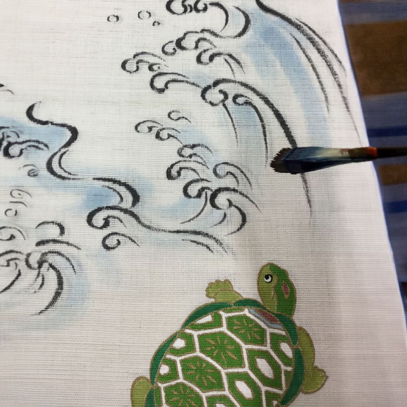 Tapisserie en chanvre peinte à la main, bon augure, grue et tortue, Tsuru Kame45x150cm 