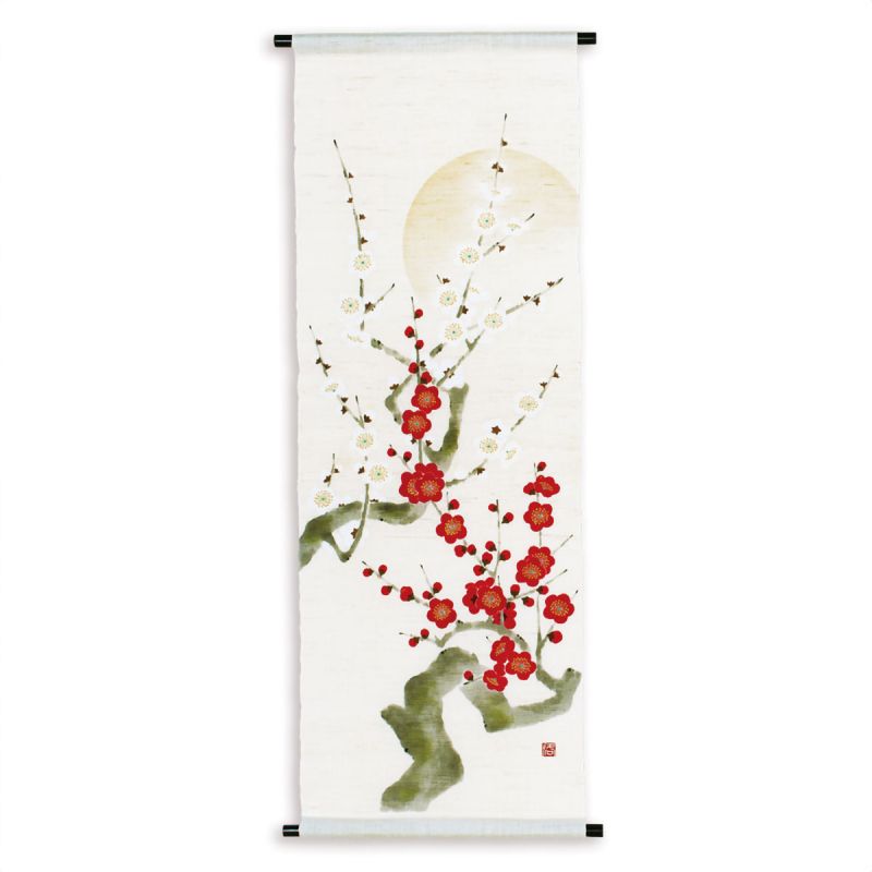 Tapisserie en chanvre peinte à la main, prune rouge prune blanche, Kōbai hakubai45x130cm 