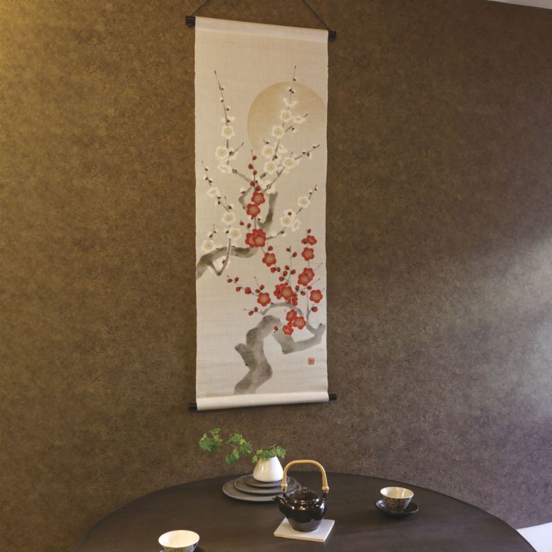 Tapiz de cáñamo pintado a mano, ciruela roja ciruela blanca, Kōbai hakubai 45x130cm