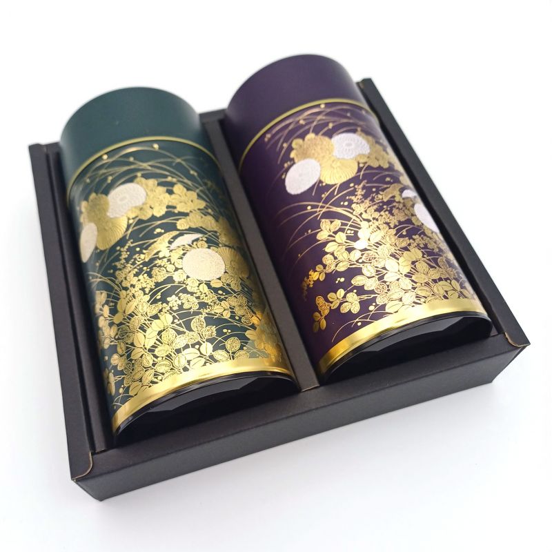 Duo of green and purple metallic Japanese tea boxes, SHUKANOEN, 200 g