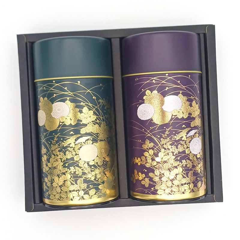 Duo aus grünen und violetten metallischen japanischen Teedosen, SHUKANOEN, 200 g