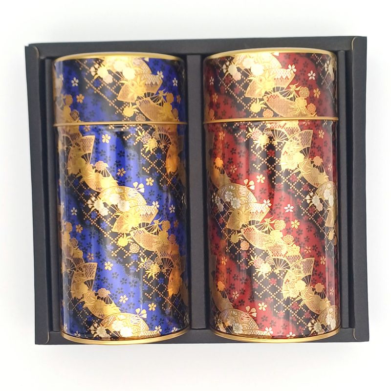 Duo of blue and red metallic Japanese tea boxes, GORUDEN, 200 g