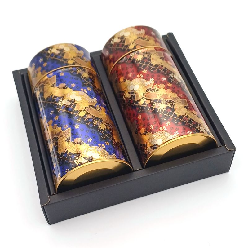 Duo of blue and red metallic Japanese tea boxes, GORUDEN, 200 g