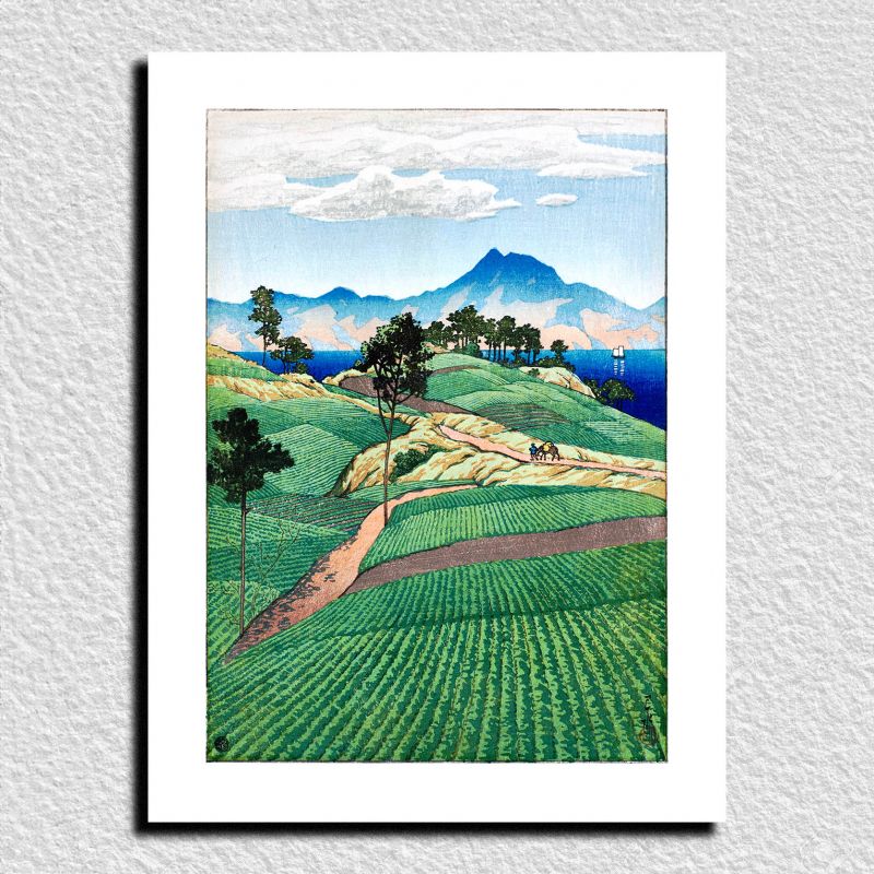 Riproduzione della stampa di Kawase Hasui, The Onsen Range visto da Amakusa, makusa yori mitaru Onsengadake