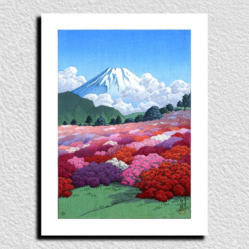 riproduzione a stampa di Kawase Hasui, Veduta del Monte Fuji da un giardino di azalee