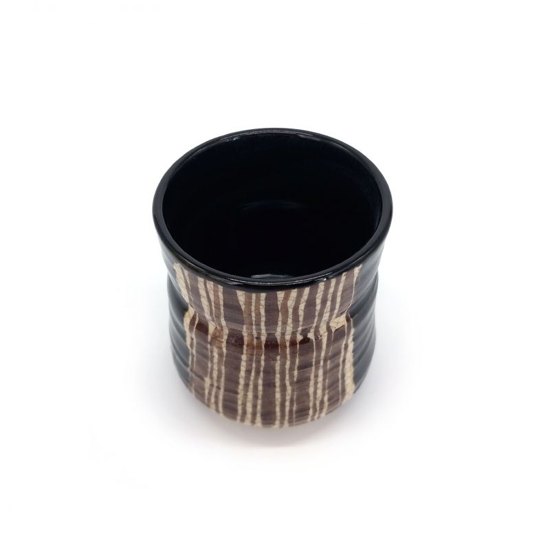 Japanese brown Raku ceramic tea cup with vertical line pattern, SUICHOKU SEN