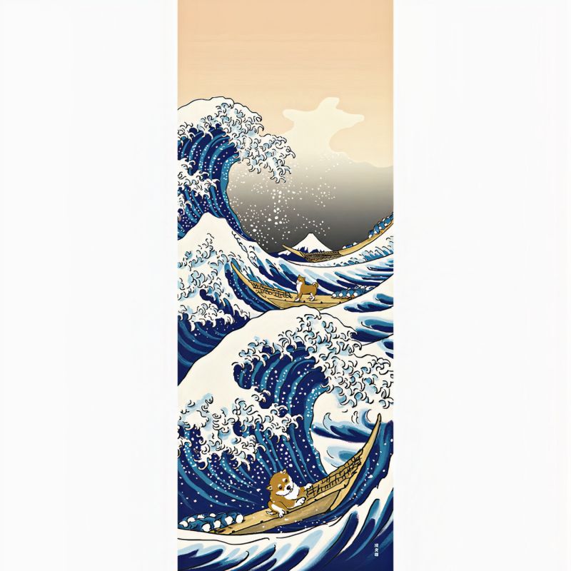 Serviette de toilette en coton, TENUGUI, Hokusai, Mameshiba and Big Wave