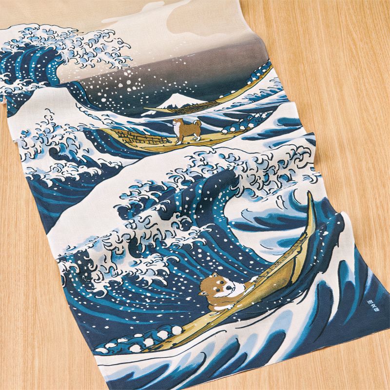 Serviette de toilette en coton, TENUGUI, Hokusai, Mameshiba and Big Wave