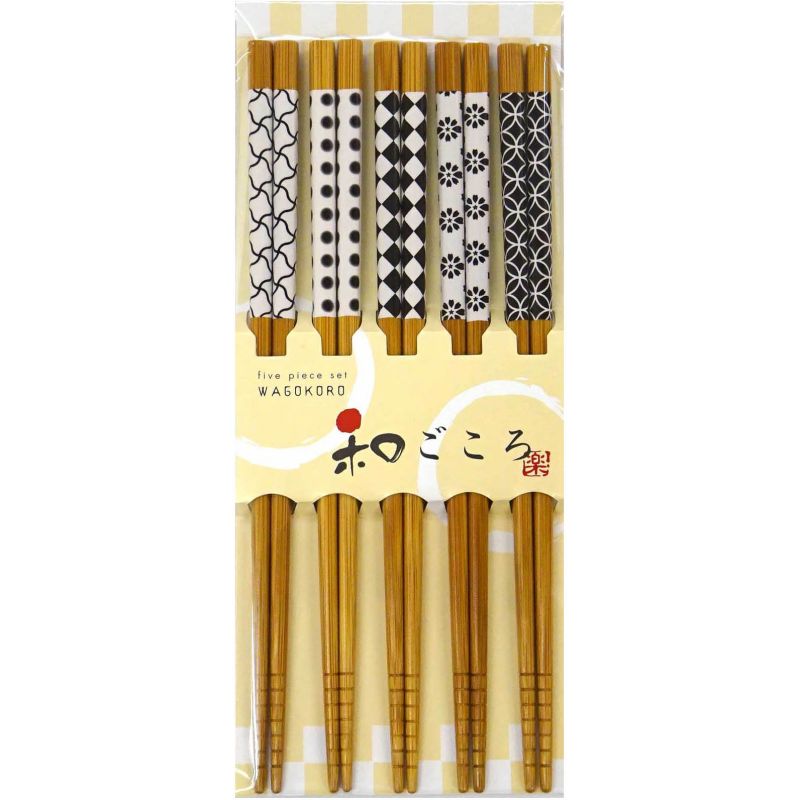 Set of 5 pairs of Japanese chopsticks with white and black patterns, Sakigake, 22.5 cm