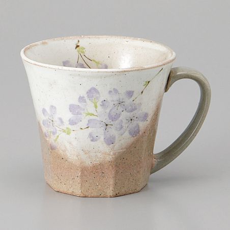 Mug japonais en céramique avec anse, beige et violet - SAKURA