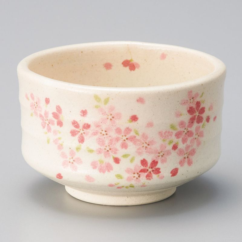 Japanese tea ceremony bowl - chawan, beige, pink flowers, SAKURA