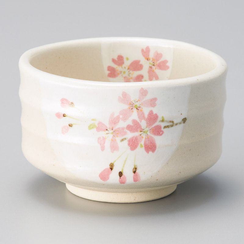 Cuenco de té japonés para ceremonia – chawan, SAKURA HANGETSU, flores rosadas