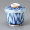 Ceramic chawanmushi tea bowl, white and blue lines, GYO