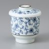 Japanese mug with lid chawan mushi, white, blue floral pattern - BURUFURORARU