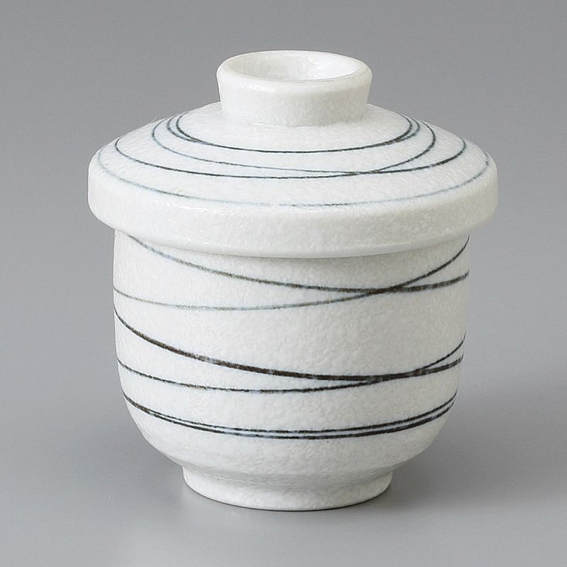 Japanese Chawanmushi tea bowl with lid, white with black lines, KOHIKI LINE