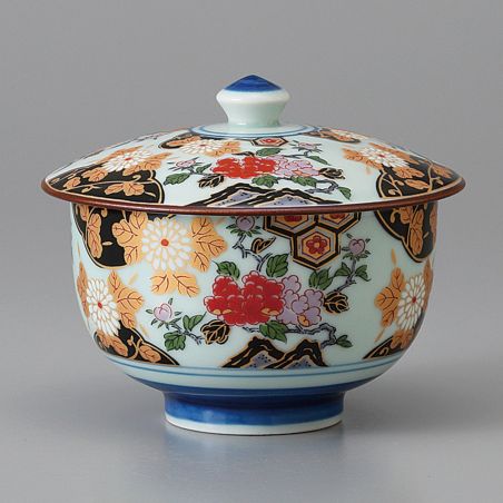 Bol à thé japonais Chawanmushi en céramique avec couvercle, motif floral - BOTAN