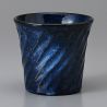 Tasse à thé japonaise en céramique évasée,bleu nuit, stries diagonales - MIDDONAITOBURU