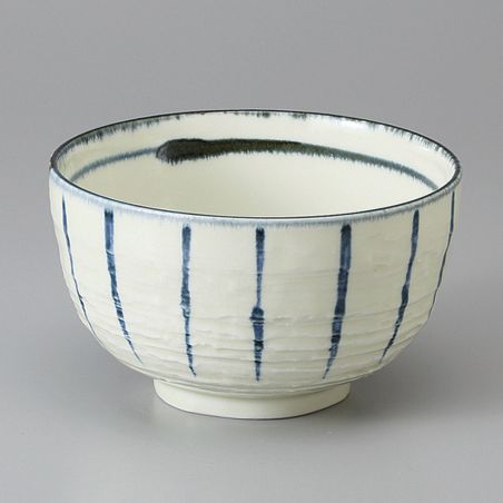 Bol de cerámica japonesa para donburi de color beige con líneas verticales azules - SUICHOKU SEN - 12,5cm