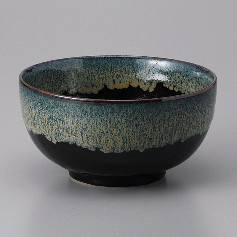 Bol japonais donburi en céramique noir peinture infusée verte bleue - CHUNYU - 13 cm