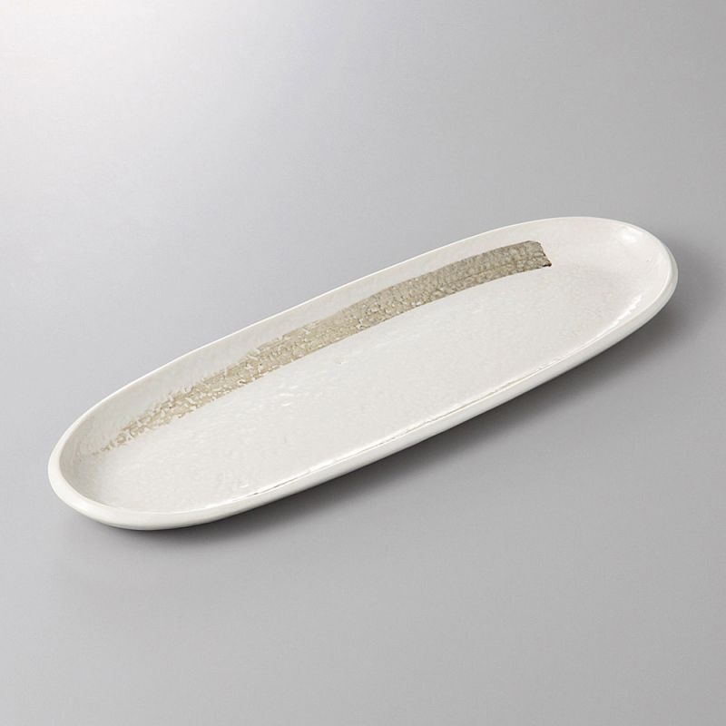 Japanese ceramic plate, long and oval, beige and gray - MIGAKIMASU