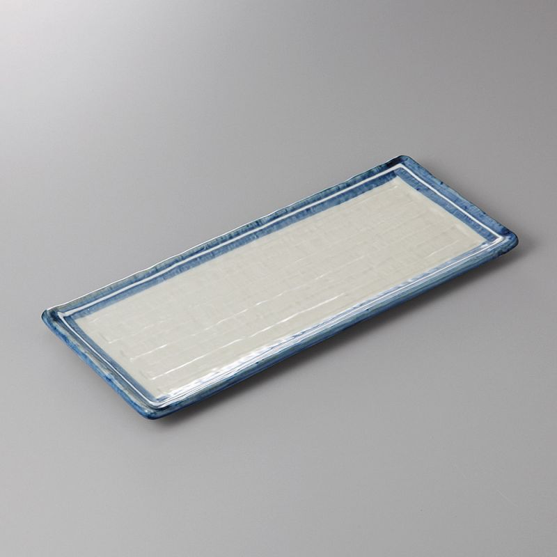Assiette japonaise rectangulaire en céramique blanche bordures bleues - BODAZU