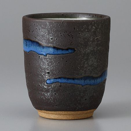 Japanese ceramic tea cup, brown and blue line - RAIN