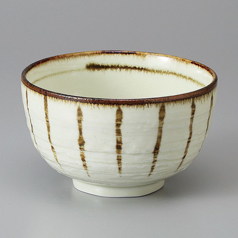 Ciotola giapponese donburi in ceramica beige a righe verticali marroni - UICHOKU-SEN