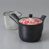 Teiera in ceramica giapponese nera, KOUME, fiori rossi
