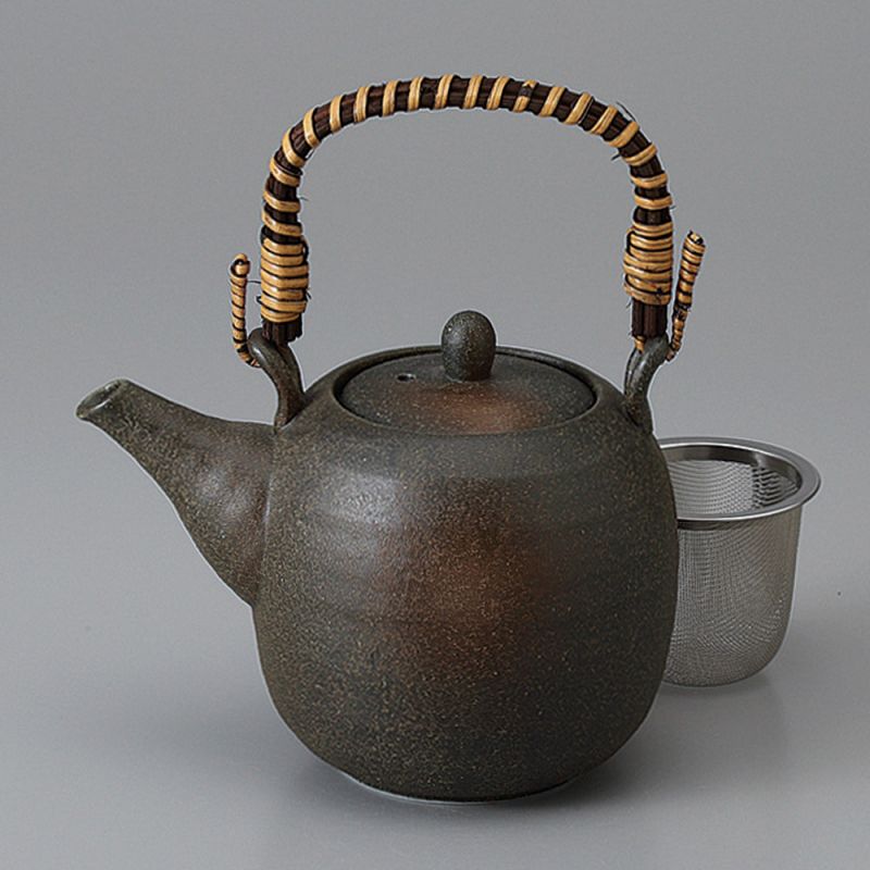 Japanische Keramik-Teekanne mit Griff, KUROCHA, schwarz und braun