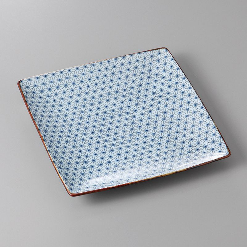 japanese square plate, SASHIKO ASANOHA, white and blue