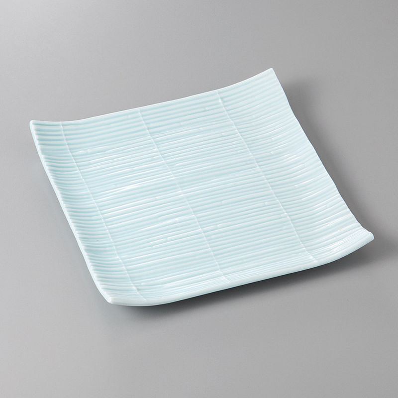 Japanese square ceramic plate, white and light blue, MATTO KOKA