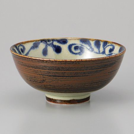 Japanese ceramic rice bowl, brown and blue, HANA NO KARAKUSA