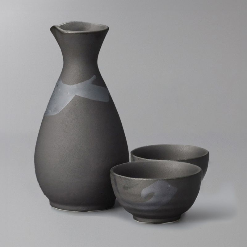 Keramik Sake Service, Flasche und 2 Tassen, schwarz und silbergrau - GIN