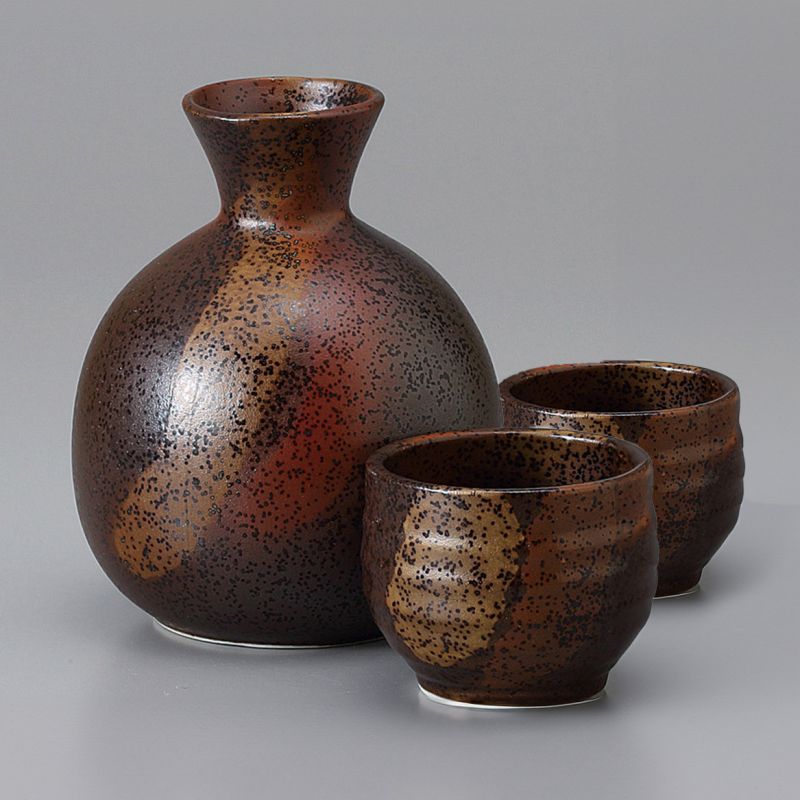 Servicio de sake de cerámica, botella y 2 tazas, tonos marrones - NYUANSU