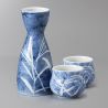 Keramik Sake Service, Flasche und 2 Tassen, blau und weiß - TAKE