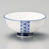 Japanese ceramic rice bowl, white and traditional blue pattern, FUKEI