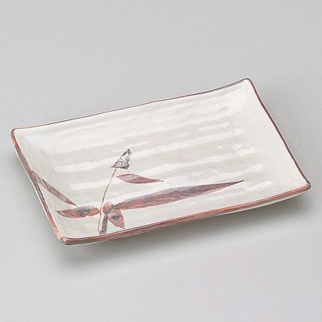 Small rectangular Japanese ceramic plate, white, reed patterns, ASHI