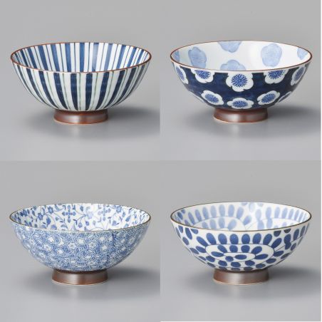 Set of 4 Japanese white ceramic rice bowls, various blue patterns - SAMAZAMANA