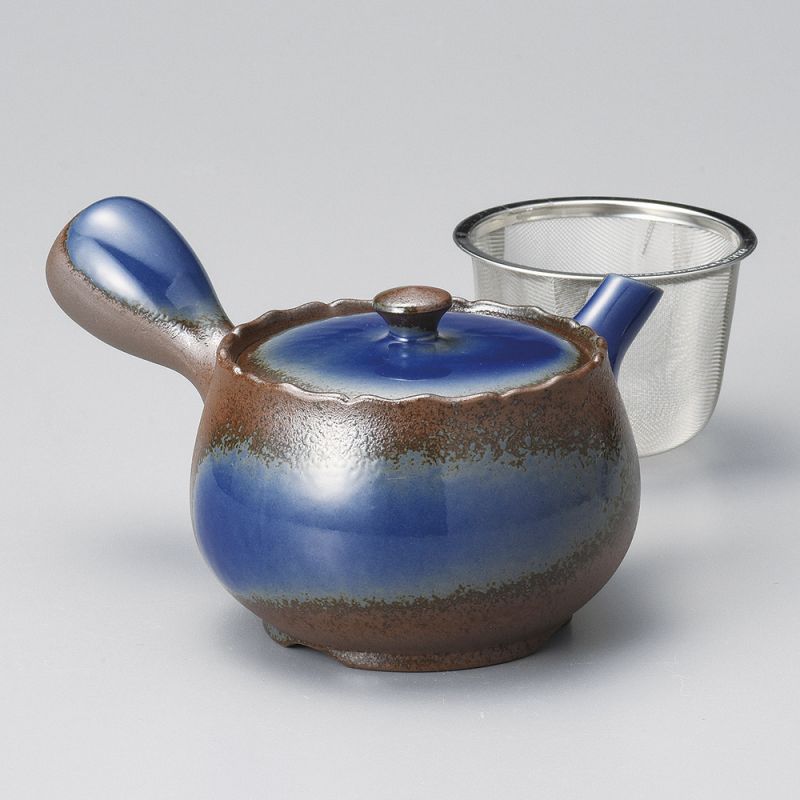Japanese ceramic kyusu teapot, AZA, brown and blue
